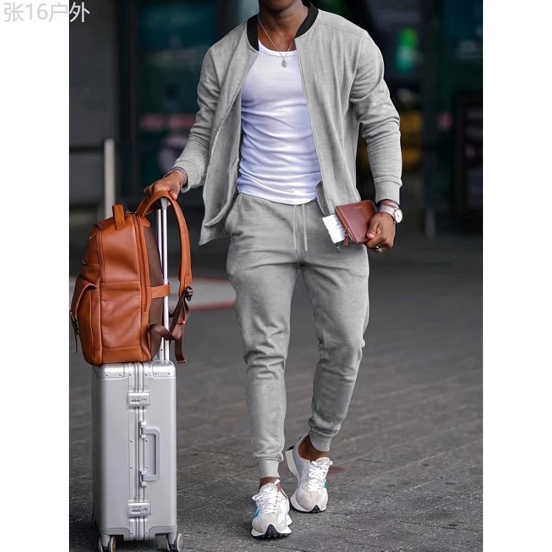 Men's Outfit, Solid Long Sleeve Zip Up Jacket & Drawstring Joggers 2-piece Set For Outdoor Jogging Gym Workout