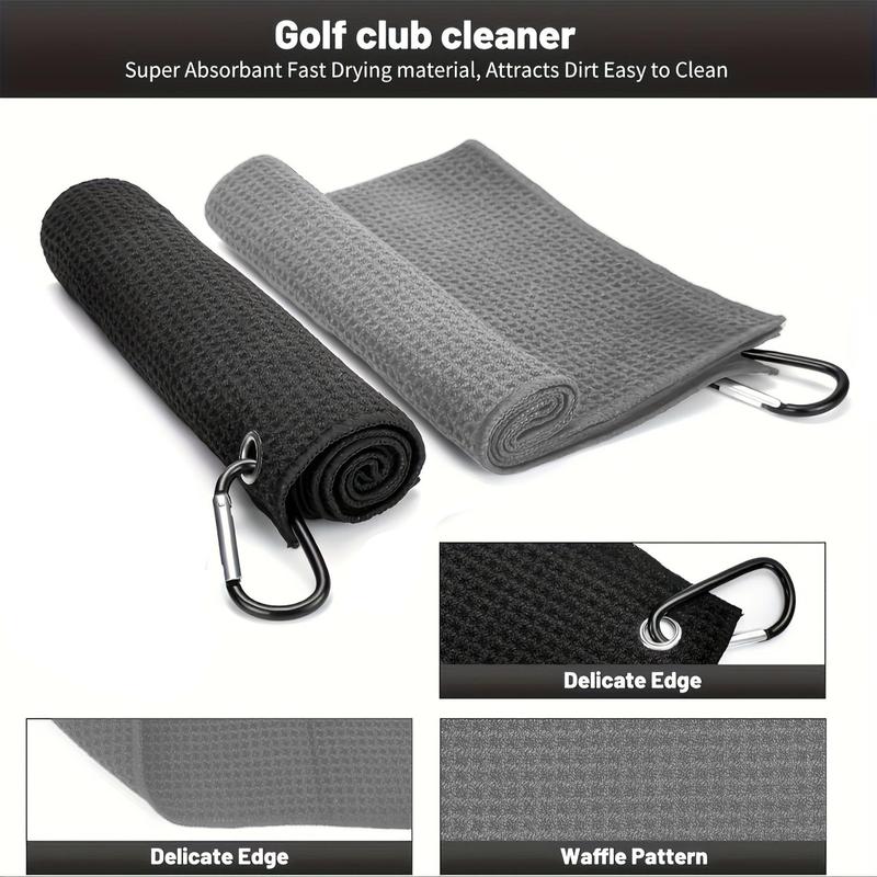 Microfiber Golf Towel, 2 Counts set Tri-fold Waffle Pattern Golf Towel with Carabiner Clip, Professional Golf Bag Towel, Golf Accessories