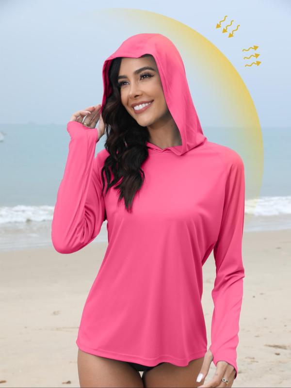 Women's Solid Long Sleeve Hooded Rashguard, Sporty Thumb Hole Design Sun Protection Hooded Top for Outdoor Running, Ladies Sportswear for All Seasons