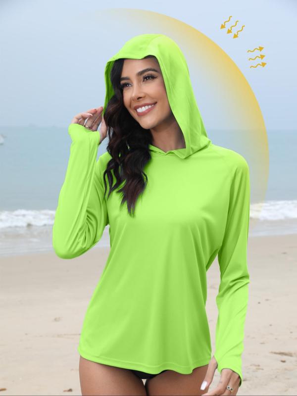 Women's Solid Long Sleeve Hooded Rashguard, Sporty Thumb Hole Design Sun Protection Hooded Top for Outdoor Running, Ladies Sportswear for All Seasons