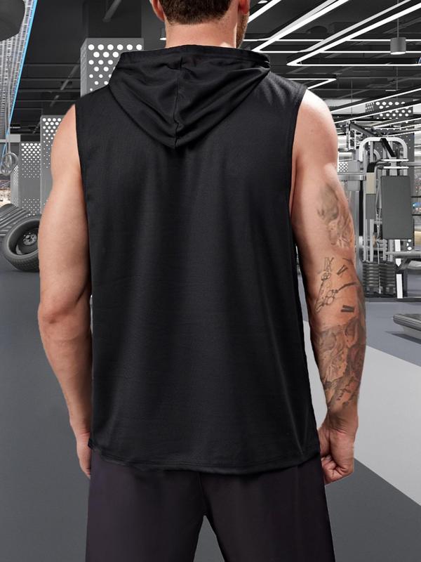 Men's Letter Print Drawstring Hooded Sports Vest, Summer Clothes, Regular Fit Casual Pocket Mesh Top For Gym Workout Running, Men's Sport & Outdoor Clothing For Summer