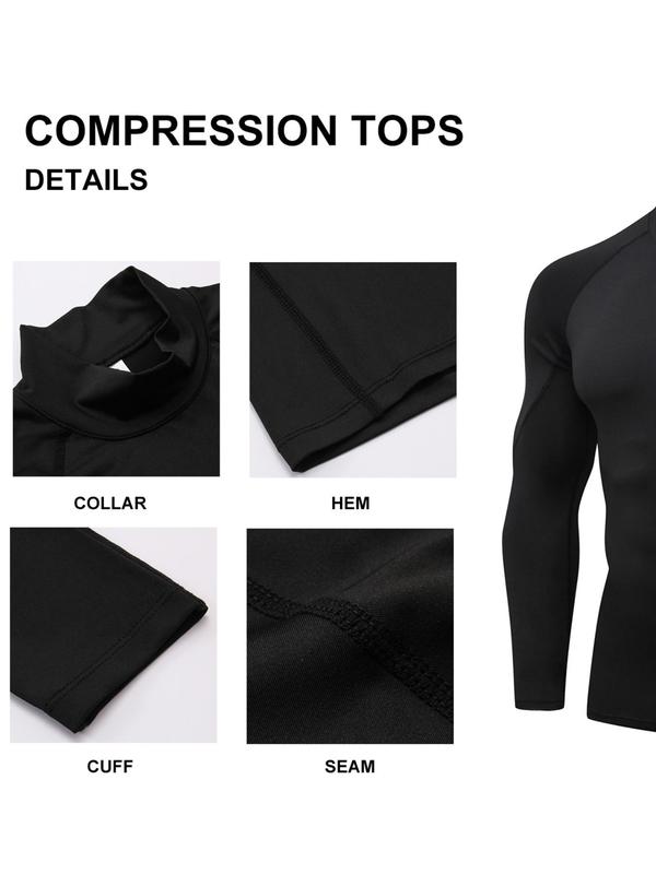 Two-Piece Set Men's Long Sleeve Mock Neck Compression Top & Leggings Tracksuit Set, Casual Tight Top & Letter Print Skinny Pants, Sportswear Clothing for Indoor Outdoor Wear