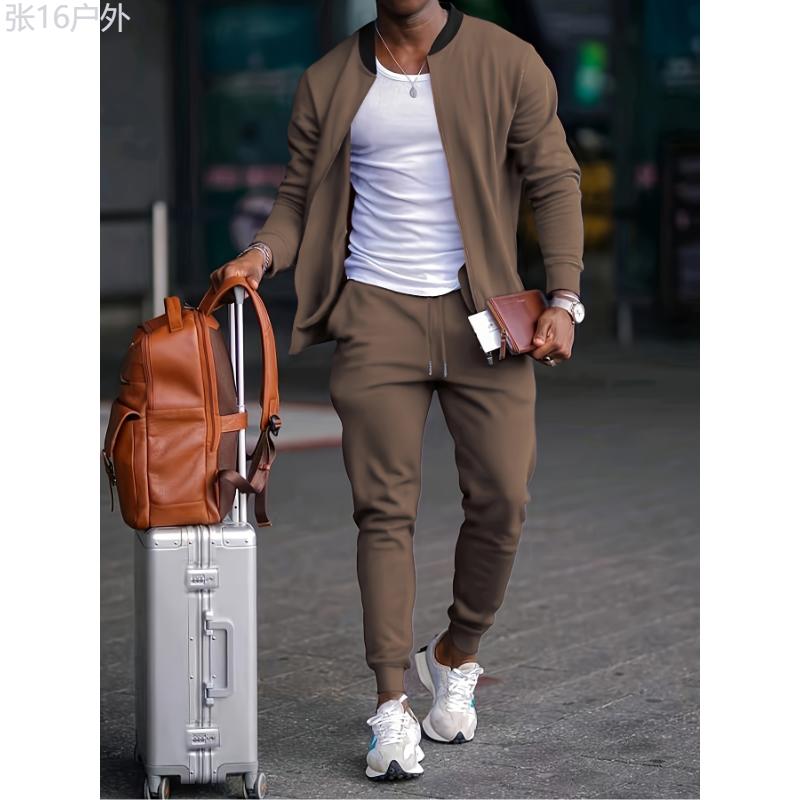 Men's Outfit, Solid Long Sleeve Zip Up Jacket & Drawstring Joggers 2-piece Set For Outdoor Jogging Gym Workout