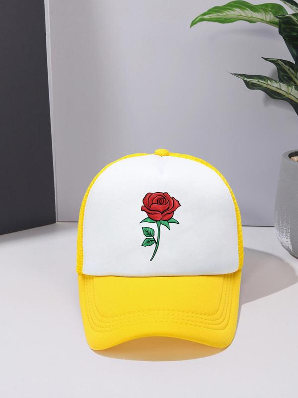 Fashion Colorblock Rose Pattern Baseball Cap, Summer Outdoor Casual Sun Protection Cap for Men & Women, Trendy Contrast Mesh Fitted Hat