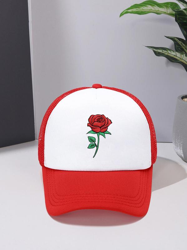 Fashion Colorblock Rose Pattern Baseball Cap, Summer Outdoor Casual Sun Protection Cap for Men & Women, Trendy Contrast Mesh Fitted Hat