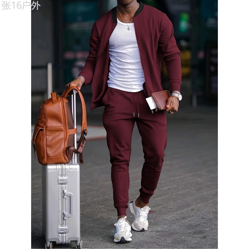 Men's Outfit, Solid Long Sleeve Zip Up Jacket & Drawstring Joggers 2-piece Set For Outdoor Jogging Gym Workout