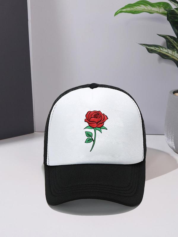 Fashion Colorblock Rose Pattern Baseball Cap, Summer Outdoor Casual Sun Protection Cap for Men & Women, Trendy Contrast Mesh Fitted Hat