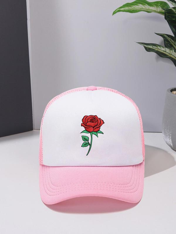 Fashion Colorblock Rose Pattern Baseball Cap, Summer Outdoor Casual Sun Protection Cap for Men & Women, Trendy Contrast Mesh Fitted Hat