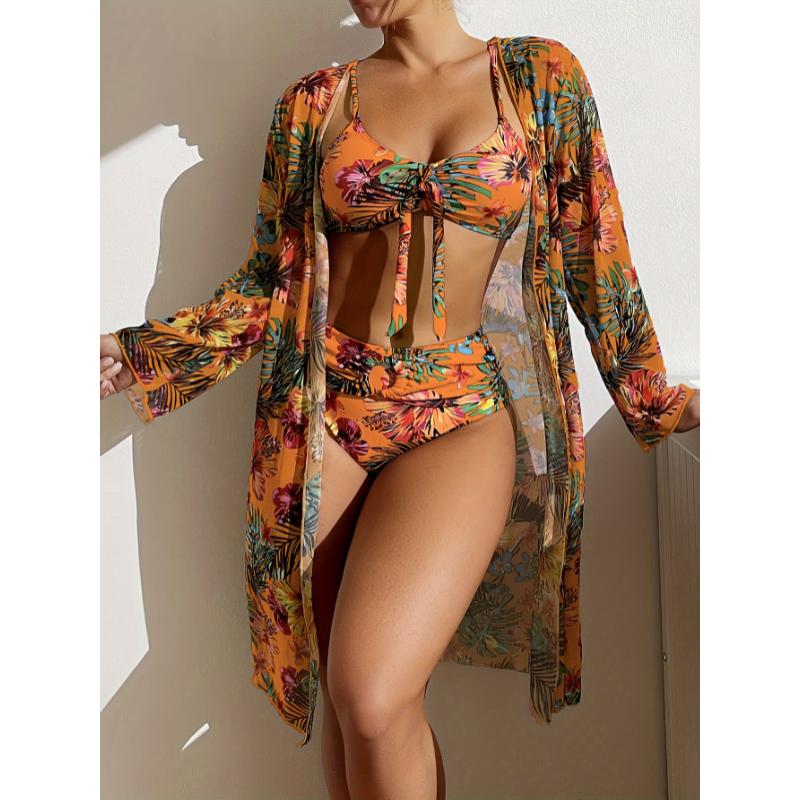 Flirty Tropical Print Bikini Set with Knot Belt - High Stretch 3-Piece Swimsuit & Long Sleeve Cover Up for Women - Perfect Holiday Fashion for Koningsdag Kings Day