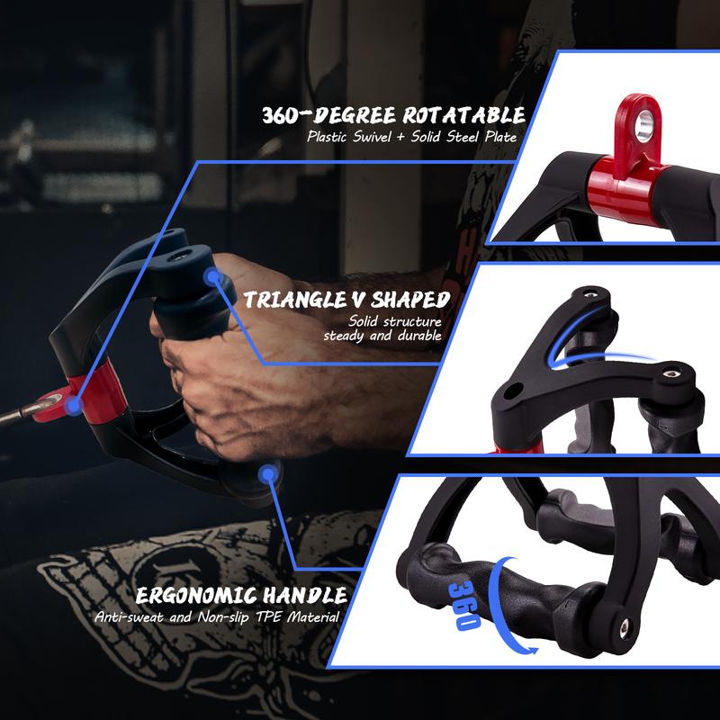 Ergonomic Double D-shaped Handles, sweat-resistant and non-slip TPE material, fitness equipment accessory, Heavy Duty Cable Attachment, Seated Cable & V Bar Row, Triangle V-shaped handle LAT Pulldown Attachment, suitable for gyms and other locations.