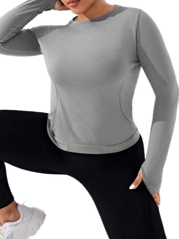 Plus Size Solid Cut Out Round Neck Sports Tee, Casual Long Sleeve Crew Neck T-Shirt for Summer, Women's Sport & Outdoor Clothing for Indoor Outdoor Wear