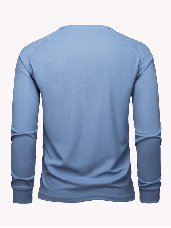 Men's Solid Button Round Neck Sports Tee, Casual Long Sleeve T-shirt for Spring & Fall, Men's Sportswear for Outdoor Activities