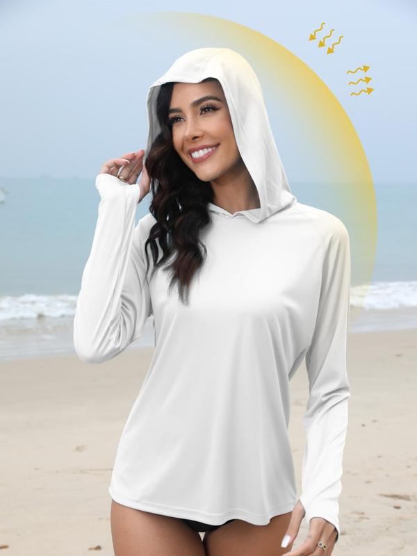 Women's Solid Long Sleeve Hooded Rashguard, Sporty Thumb Hole Design Sun Protection Hooded Top for Outdoor Running, Ladies Sportswear for All Seasons