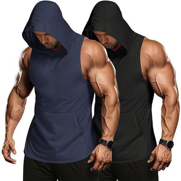 COOFANDY B Summer Clearance 2 Pack Mens Workout Hooded Tank Tops Bodybuilding Muscle Cut Off T Shirt Sleeveless Gym Sport Hoodies Menswear Summer Outfits Breathable black friday