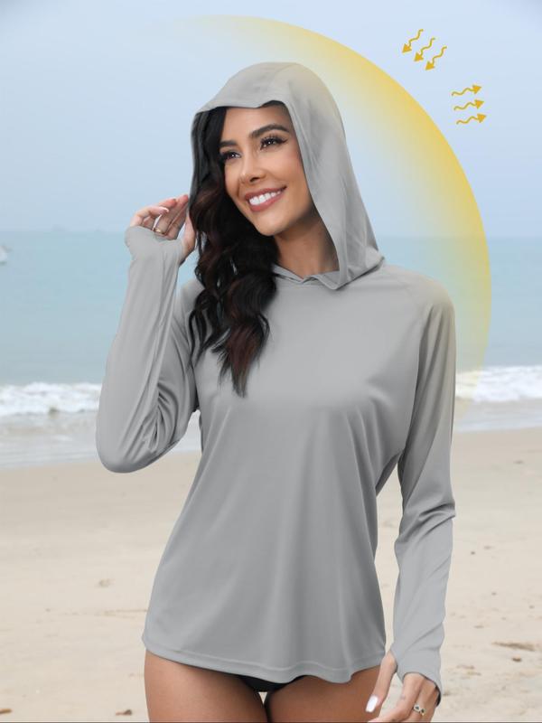 Women's Solid Long Sleeve Hooded Rashguard, Sporty Thumb Hole Design Sun Protection Hooded Top for Outdoor Running, Ladies Sportswear for All Seasons