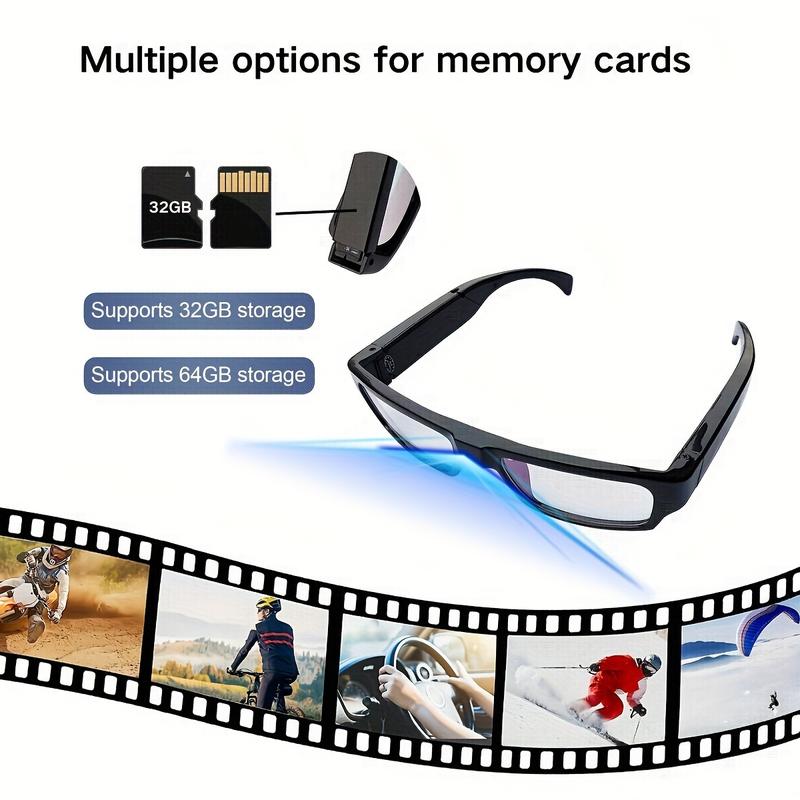 1pc Video Glasses, HD 1080P Sport DV Camera, Portable Camera Glasses, Wide Angle 65°, Wearable Mini Camera Glasses, 64GB Memory Card, Sports Recording Glasses, Riding, Running, Outdoor Sports HD Glasses