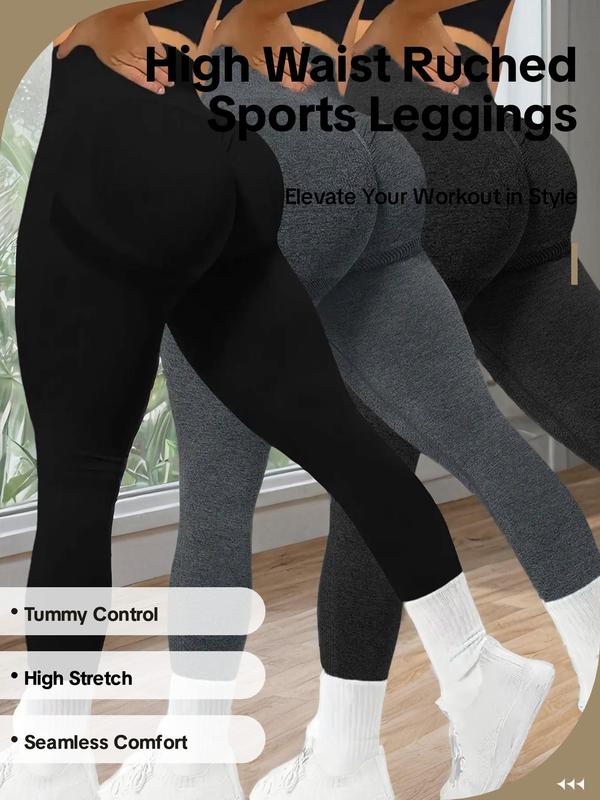 Sporty Women's Plain Ruched High Waist Sports Leggings, Solid Color Wide Waistband Sport Skinny Pants, High Stretch Seamless Yoga Leggings, Ladies Sportswear for Indoor Outdoor Wear, Tummy Control