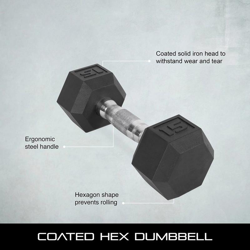 Hex Dumbbells Set Rubber Coated Hand Weights Exercise & Fitness for Home Gym Workouts Weight Strength Training, Set of 2, 8-15lb