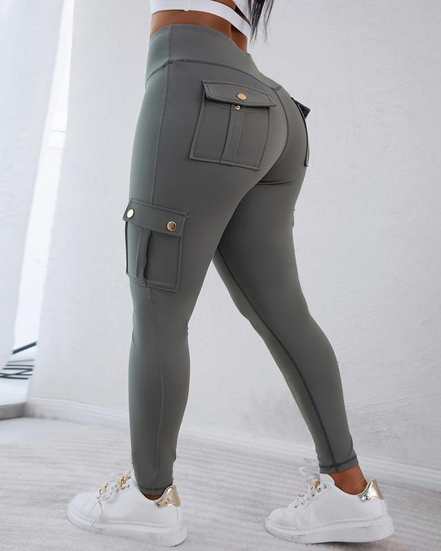 ChicMe Womens Butt Lifting Leggings with Flap Pockets High Waist Tummy Control Workout Cargo Leggings Yoga Pants