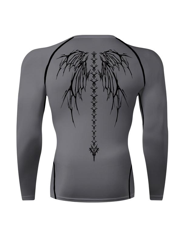 Men's Wing Print Long Sleeve Compression Sports Tee, Graphic Tees for Men, Men's Compression Shirts, Quick Drying Breathable Crew Neck T-shirts Workout Tops for Gym Running, Back-to-school Clothing, Fall Outfits