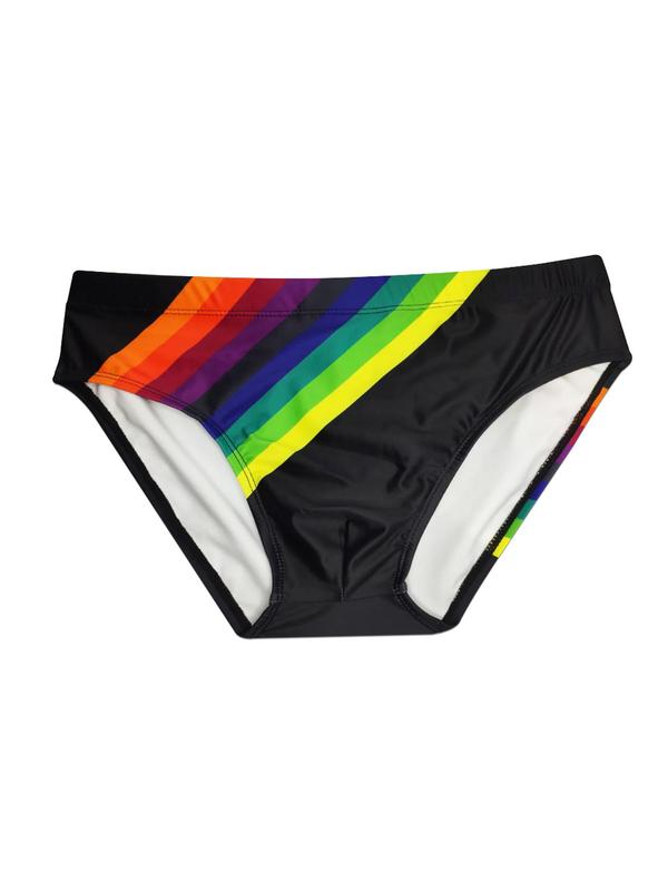 LGBTQ+ Unisex Men Swim Trunks Rainbow Stripe Print Tie Front Swim Knicker, Casual Comfy Breathable Swim Bottoms for Summer, Swimwear for Beach Swimming