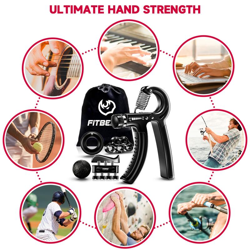 FitBeast Hand Grip Strengthener Workout Kit (5 Pack), 2 Forearm Grip Adjustable Resistance Hand Gripper, Finger Stretcher, Grip Ring & Stress Relief Grip Ball for Athletes