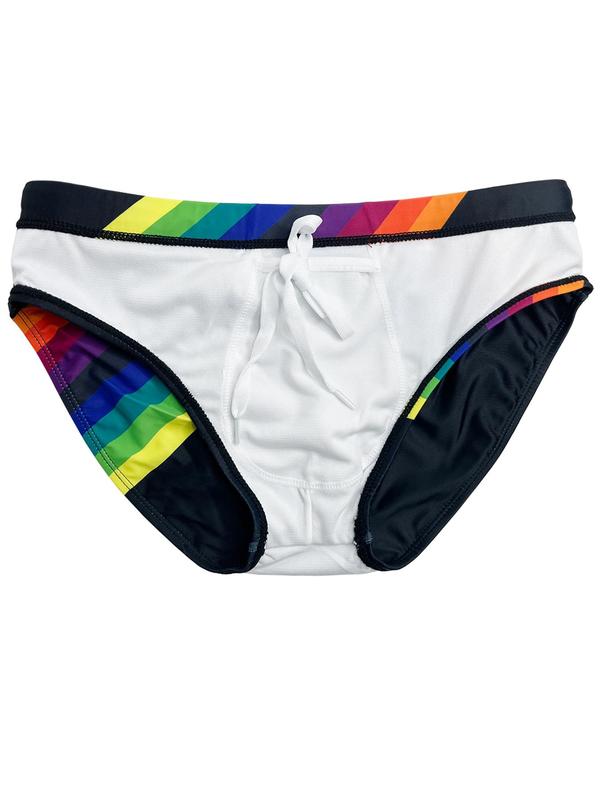 LGBTQ+ Unisex Men Swim Trunks Rainbow Stripe Print Tie Front Swim Knicker, Casual Comfy Breathable Swim Bottoms for Summer, Swimwear for Beach Swimming