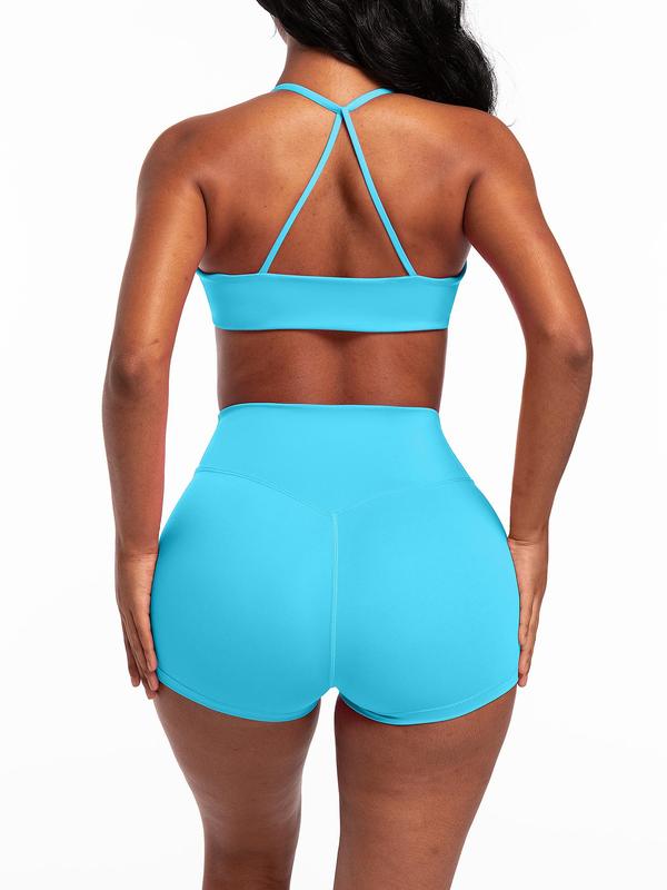 Women's Solid Twist Backless Bra & High Waist Shorts Sportswear Set, Sporty Casual Comfy Breathable Outfits for Yoga Gym Workout Running, Ladies Sportswear for All Seasons