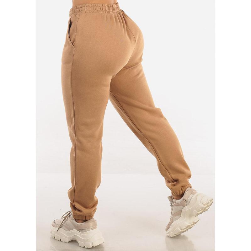 Drawstring Waist Fleece Jogger Pants Camel