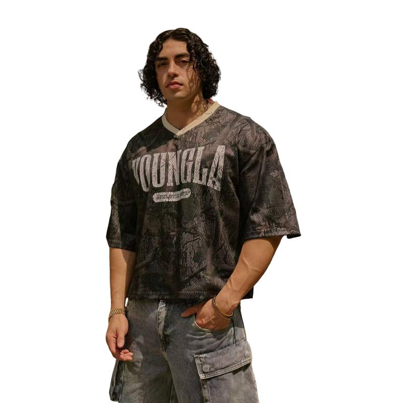 YOUNGLA Men's Oversized Mesh T-Shirt for Sports and Fitness - Polyester, camouflage color Menswear