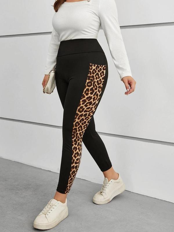  Patchwork Leopard Print Pocket Sports Leggings, High Waist Skinny Pants for Yoga Gym Workout, Sports Bottoms