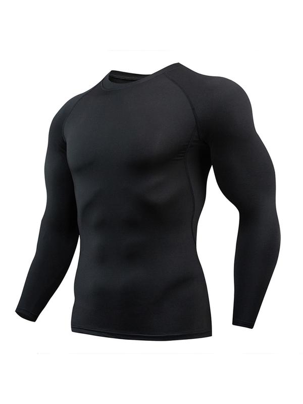 Men's Tight Solid Round Neck Sports Tee, Basic Long Sleeve Crew Neck T-Shirt for Gym Workout Running, Men Sport & Outdoor Clothing