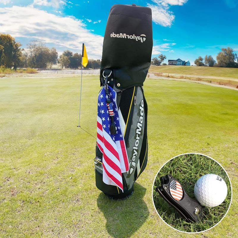 Golf Club Brush and Amercian Flag Golf Towels, Golf Groove Cleaner Cleaning kit, Golf Accessories Cleaner Tool with Strong Magnet Stick to Golf Clubs or Bag