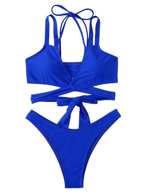 Two-Piece Set Women's Solid Color Sexy Bikinis Set, Casual Criss Cross Tie Back Halter Sleeveless Bikini Top & High Cut Swim Thong, Ladies Summer Swimwear for Beach Holiday Vacation