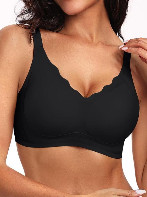 Sporty Women's Solid Color Scallop Trim Push Up Sports Bra, Breathable Comfortable V Neck Wireless Lingerie Top, Ladies Sportswear for Indoor Outdoor Wear