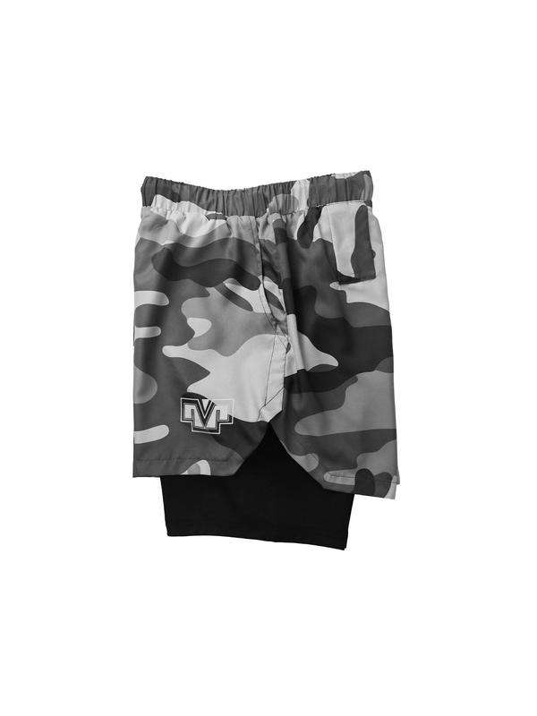 Sporty Men's Camo & Geometric Print 2-IN-1 Sports Shorts, Gym Shorts, Regular Fit Sport Tie Front Pocket Split Shorts, Men's Sport & Outdoor Clothing