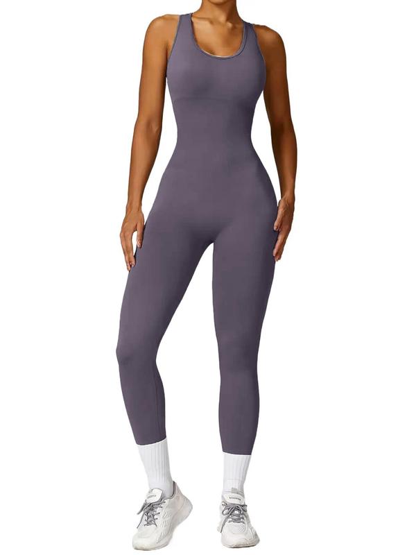 Sporty Women's Cut Out Square Neck Sports Jumpsuit with Removable Bra Pad, Solid Color Sleeveless Sport Jumpsuit, Ladies Sportswear Clothing, Tummy Control