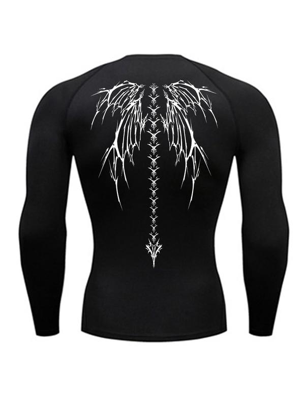 Men's Wing Print Long Sleeve Compression Sports Tee, Graphic Tees for Men, Men's Compression Shirts, Quick Drying Breathable Crew Neck T-shirts Workout Tops for Gym Running, Back-to-school Clothing, Fall Outfits