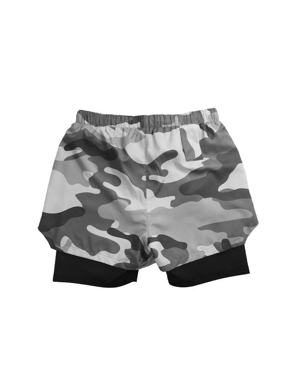 Sporty Men's Camo & Geometric Print 2-IN-1 Sports Shorts, Gym Shorts, Regular Fit Sport Tie Front Pocket Split Shorts, Men's Sport & Outdoor Clothing