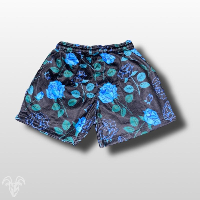 Men's Floral Mesh Gym Shorts - 5 Inch Inseam gym shorts, Zipper Pocket | Exotic Fitness Activewear | Rose design shorts - Mens blue rose mesh gym shorts outfits hoochie daddy shorts