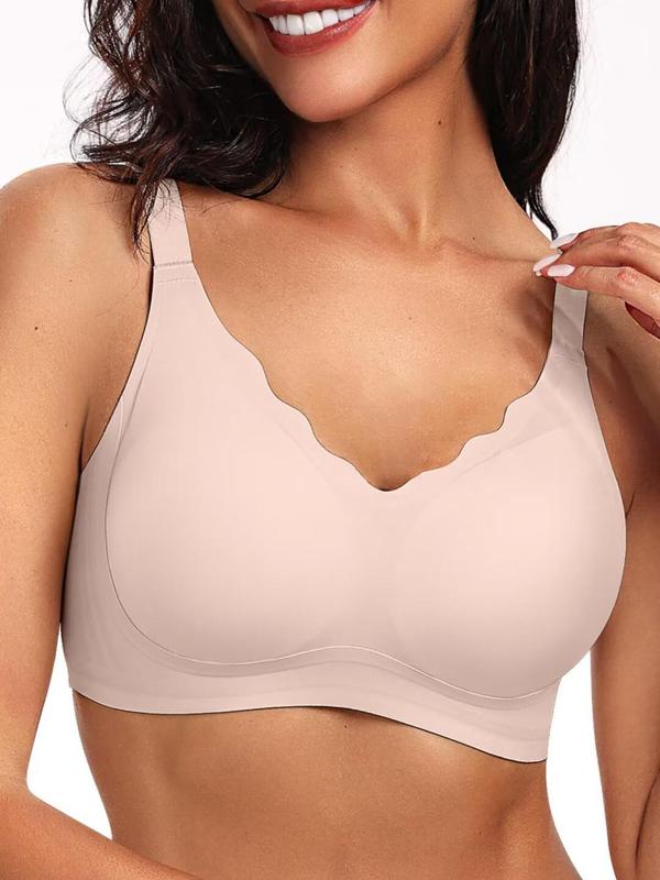 Sporty Women's Solid Color Scallop Trim Push Up Sports Bra, Breathable Comfortable V Neck Wireless Lingerie Top, Ladies Sportswear for Indoor Outdoor Wear