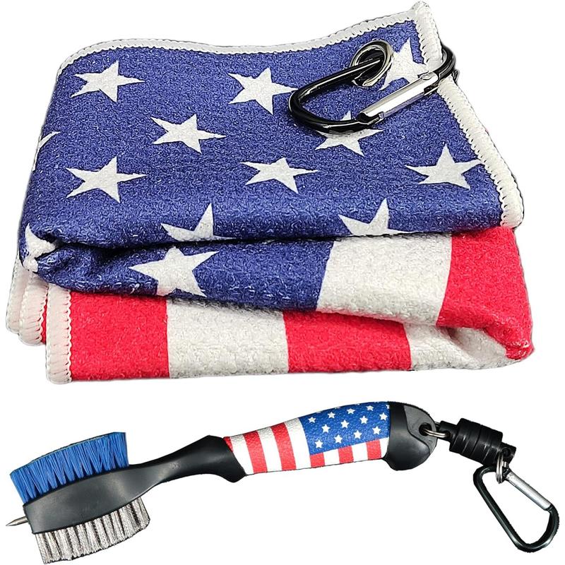 Golf Club Brush and Amercian Flag Golf Towels, Golf Groove Cleaner Cleaning kit, Golf Accessories Cleaner Tool with Strong Magnet Stick to Golf Clubs or Bag