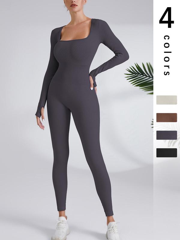 Women's Solid Square Neck Long Sleeve Sports Jumpsuit, Sporty Comfy High Stretch Ribbed Jumpsuit for Yoga Gym Workout, Ladies Sportswear for Spring & Fall