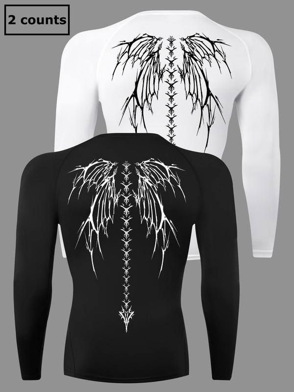 Men's Wing Print Long Sleeve Compression Sports Tee, Graphic Tees for Men, Men's Compression Shirts, Quick Drying Breathable Crew Neck T-shirts Workout Tops for Gym Running, Back-to-school Clothing, Fall Outfits