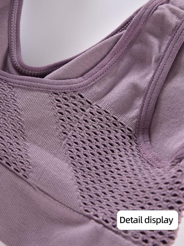 Women's Solid Seamless Sports Push Up Bra, Breathable Hollow Out Sports Bra, Sports Non-steel Ring Wrap Sports Bra