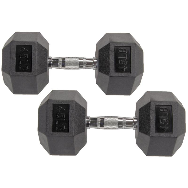 Rubber Encased Hex Dumbbells, 45 lbs Pair, Black