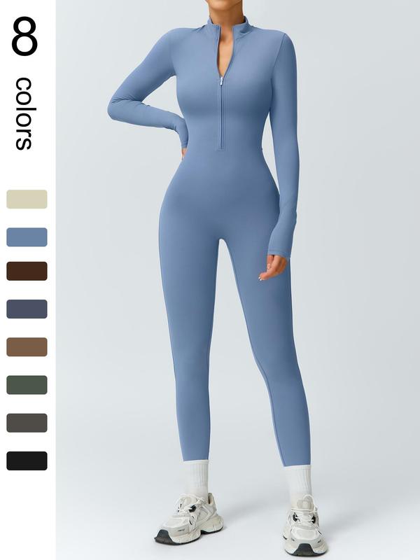 Women's Solid Zip Up Sports Jumpsuit, Long Sleeve Mock Neck Bodycon Jumpsuit for Yoga Gym Workout,  Jumpsuit for Women, Ladies Sportswear for All Seasons, Tummy Control