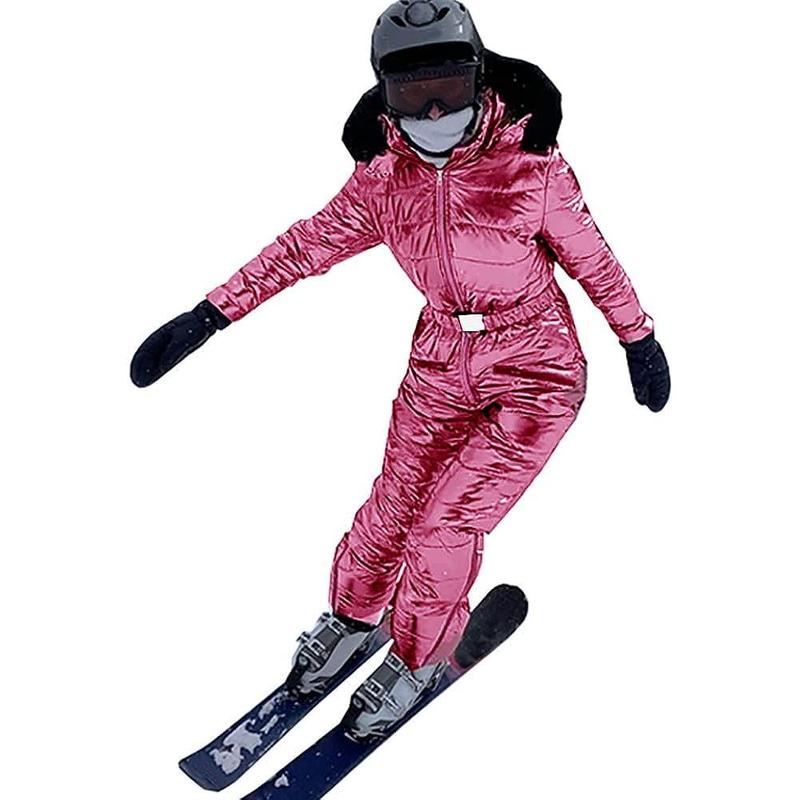 Tankaneo Women Winter One Piece Ski Suit Fur Collar coat Ski Jumpsuit Snowsuit