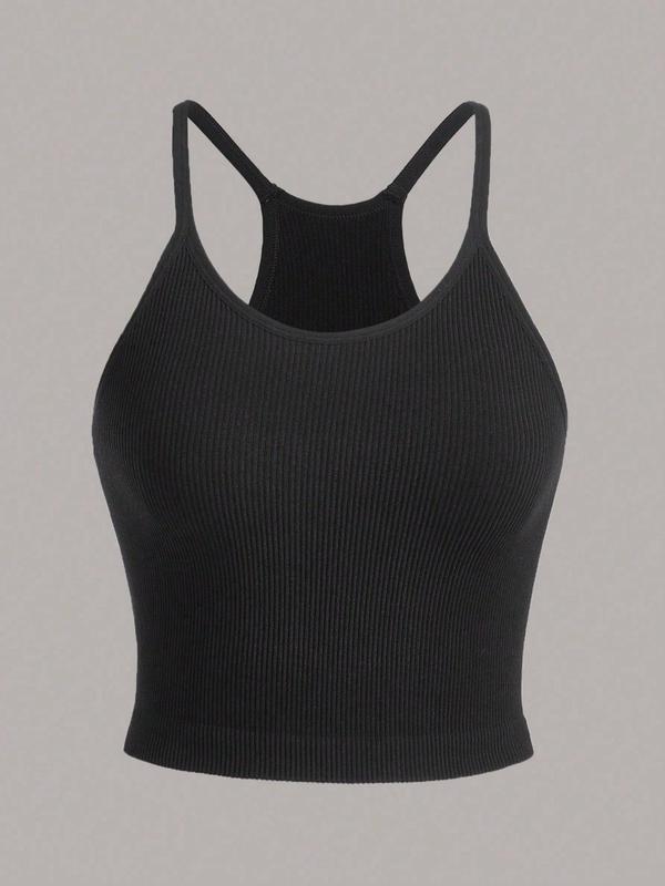 Women's Solid Ribbed U Neck Sports Vest, Casual Sleeveless Crop Top for Indoor Outdoor Wear, Ladies Sportswear for All Seasons