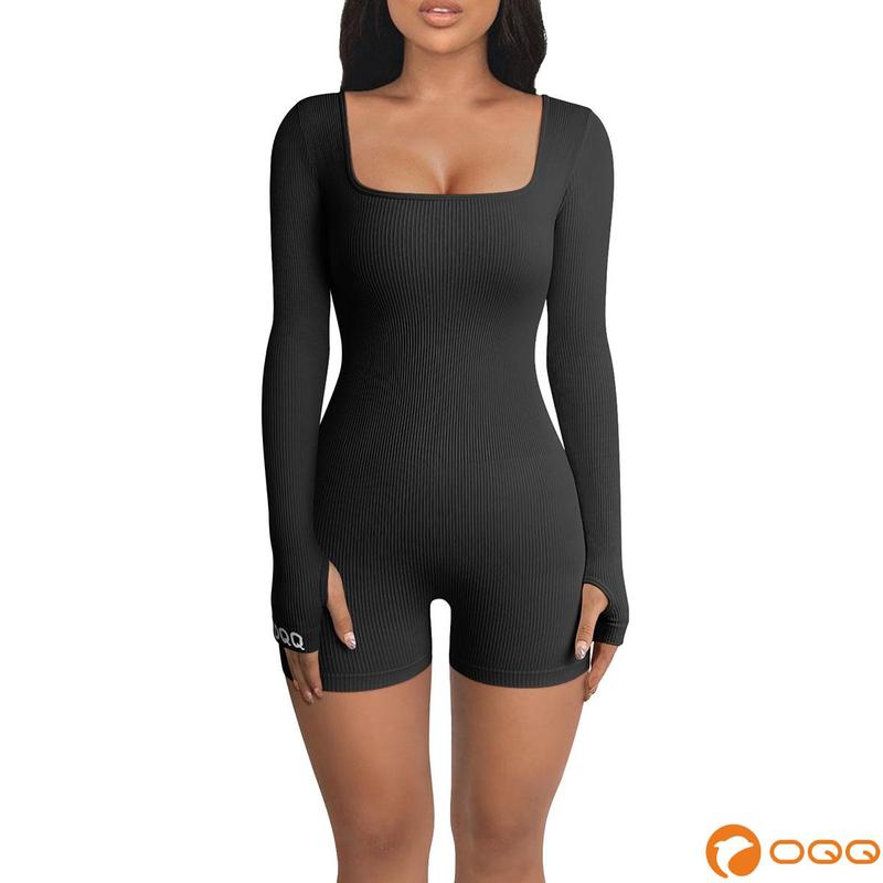 OQQ Women’s Yoga Rompers Workout Ribbed Long Sleeve Square Neck Sport Jumpsuits Rompers